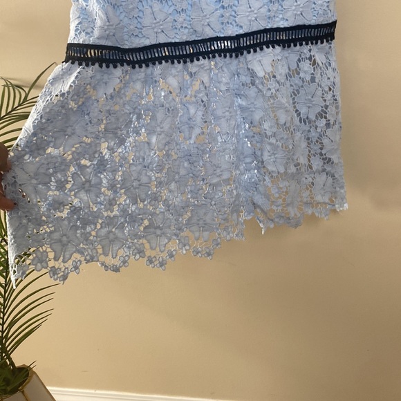 Lulu's Lace Crochet Eyelet Ruffle Hem Mermaid Blue Cocktail Midi Dress Gown - Picture 4 of 10